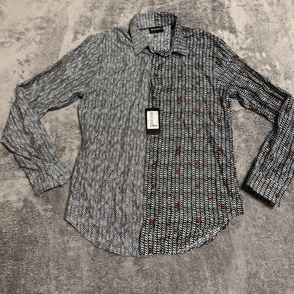 Emporio‎ Armani Mens Split Geometric Print Button Up Shirt Black White W1CF2T 41